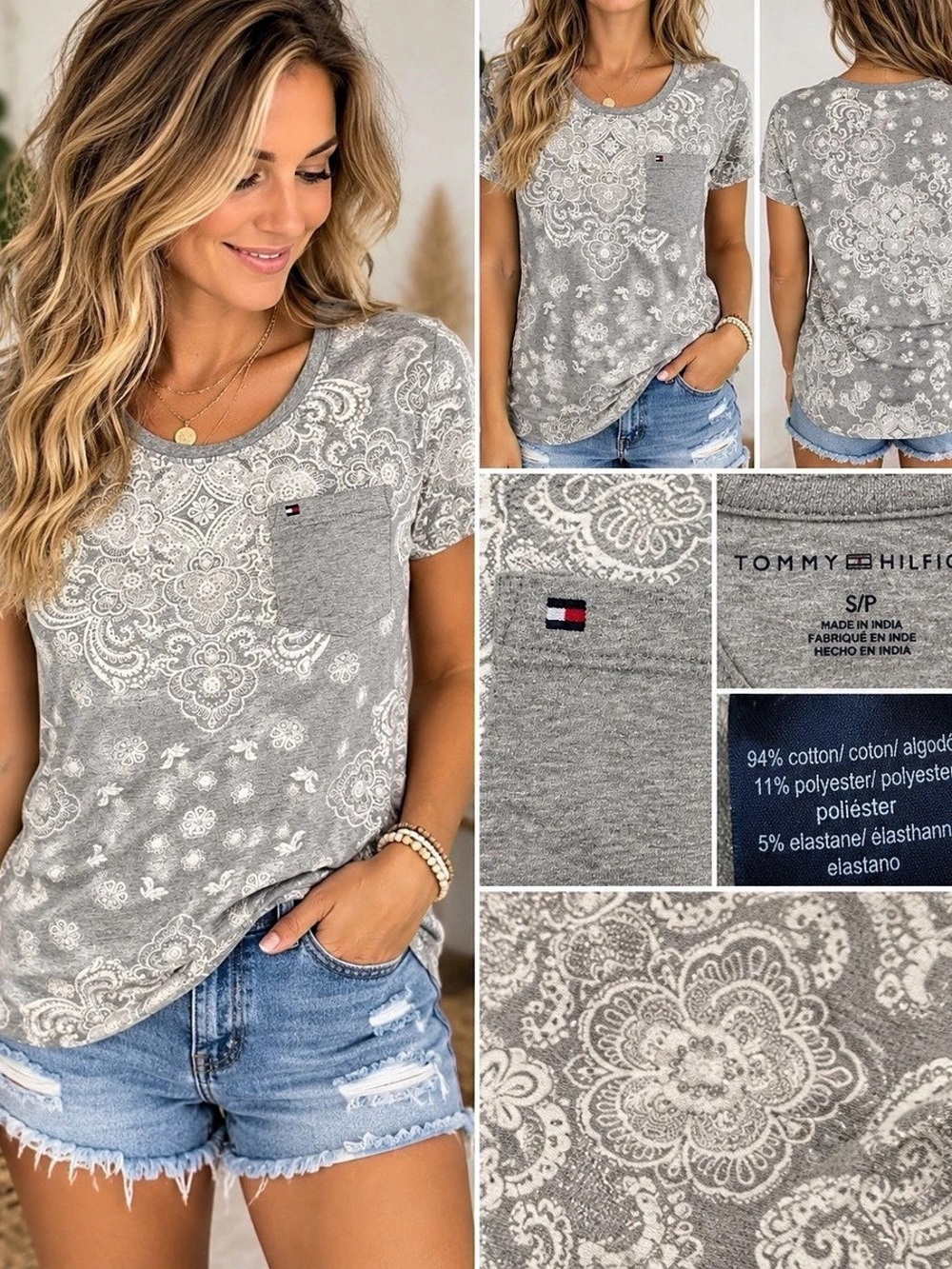 Tommy Hilfiger Women'Small Paisley Pocket Tee in Gray Size Small